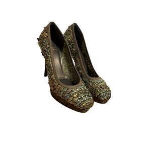 Vtg Stuart Weitzman Herbal Raffia Swoon Platform‎ Heels Womens 7.5 Woven Pumps